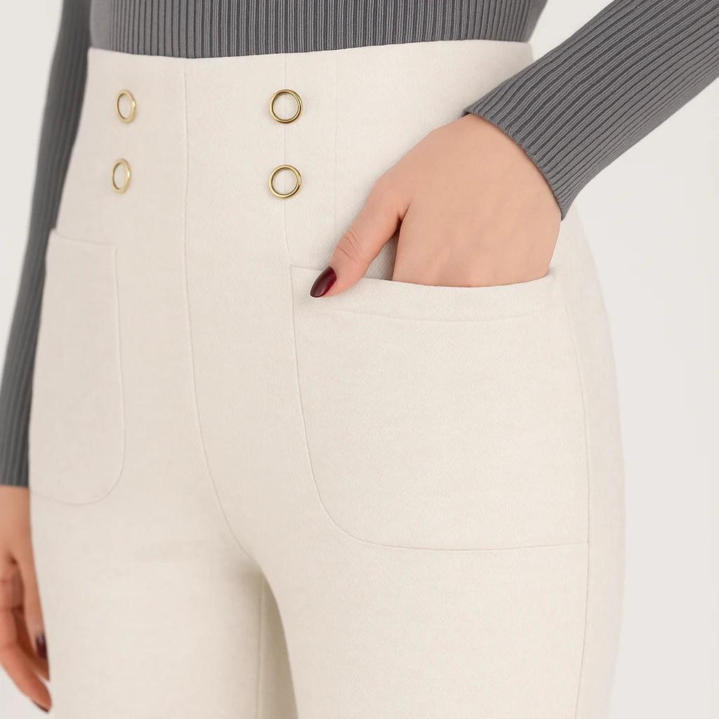 [Lleva 3, Paga Solo 2] Pantalón Solena Femenino de Algodón, Poliéster y Viscosa de Cintura Alta con Botones Frontales