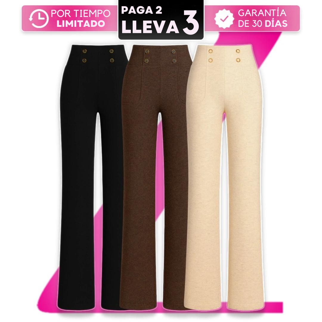 [Lleva 3, Paga Solo 2] Pantalón Solena Femenino de Algodón, Poliéster y Viscosa de Cintura Alta con Botones Frontales