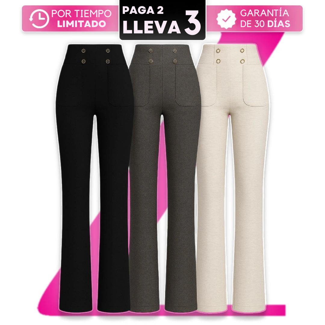 [Lleva 3, Paga Solo 2] Pantalón Solena Femenino de Algodón, Poliéster y Viscosa de Cintura Alta con Botones Frontales